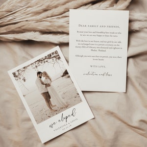 Modèle d'annonce mariage intime bohème, carte We Eloped, carte de faire-part de mariage, carte minimaliste avec photo | ALMA
