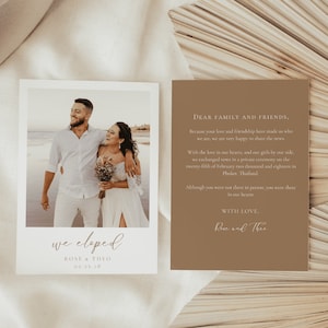 Boho Beige Elopement Announcement Template, We Eloped Card, Wedding announcement card, Minimalist Elopement Card with Photo EMY image 1