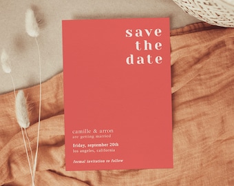 Colorful Wedding Save the Date, Coral Pink and Peach Orange Save The Date, Colorful Wedding Template, Modern Invitation Template | POPPY