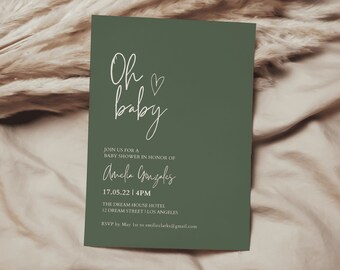 Sage green Baby Shower Invitation, Minimalist Baby Shower Invite, modern baby shower,  Editable Template, Instant Download | THEA