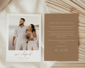 Boho Beige Elopement Announcement Template, We Eloped Card, Wedding announcement card, Minimalist Elopement Card with Photo | EMY