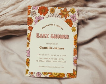 Retro Baby Shower Invitation Template, Groovy Baby Invitation, Retro Baby Shower Invite, Groovy Baby Shower Invite, 70's Shower Invite | VIC
