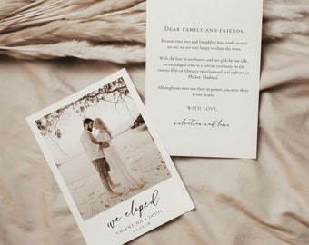 Boho Elopement Announcement Template, We Eloped Card, Wedding announcement card, Minimalist Elopement Card with Photo | ALMA