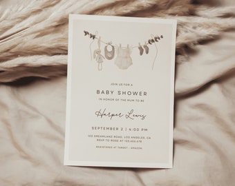 Girl Baby Shower Invitation Template, Boho Baby Shower Invitation, Baby Clothes Shower Invite, bohemian reveal | ALBI