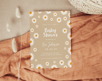 May include: A brown baby shower invitation with white daisies and yellow centres. The text reads "Join us for a Baby Shower in honour of Eva Johnson 06.05.22 The Dream House Hotel 12 Dream Street Los Angeles RSVP to EvaJohnson@gmail.com"