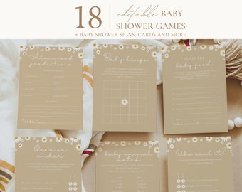 May include: A set of 18 printable baby shower games with a daisy theme. The games include "Advice and Predictions", "Baby Bingo", "Guess the Baby Food", "Over or Under", "Baby Animal Match", and "Who Said It?"