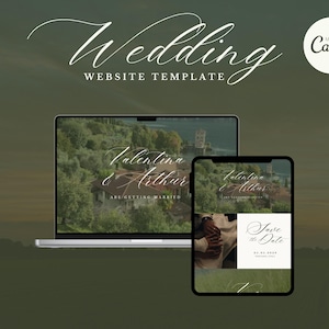 Puede incluir: Una plantilla de sitio web de bodas que se muestra en una computadora portátil y una tableta. Las pantallas muestran una vista panorámica con los nombres "Valentina & Arthur" y "Are Getting Married". La tableta también muestra una tarjeta "Save the Date". Las palabras "Wedding Website Template" están en la parte superior.
