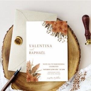 Wedding invitation orange boho flower theme instant donwload