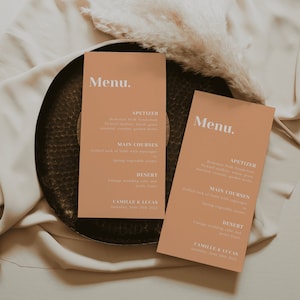 Menú de boda colorido, menú rosa coral y naranja melocotón, plantilla de boda colorida, plantilla de menú moderno, menú de boda de moda | AMAPOLA