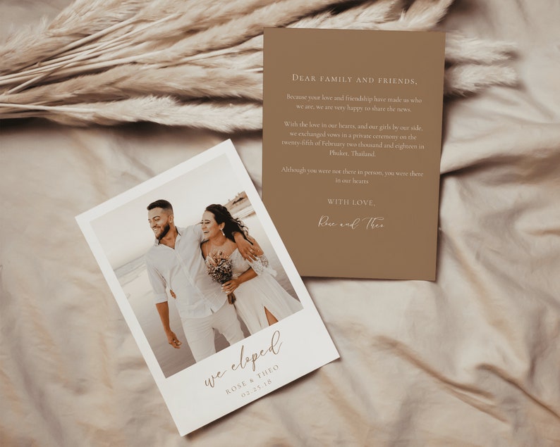 Boho Beige Elopement Announcement Template, We Eloped Card, Wedding announcement card, Minimalist Elopement Card with Photo EMY image 2