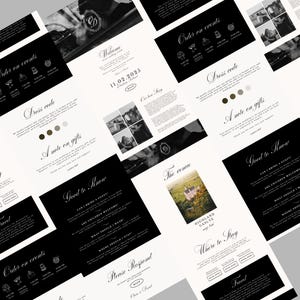 May include: A collection of wedding invitation cards with a black and white color scheme. The cards feature elegant typography and include sections for event details, dress code, gifts, and venue information. The date 11.02.2023 is visible.