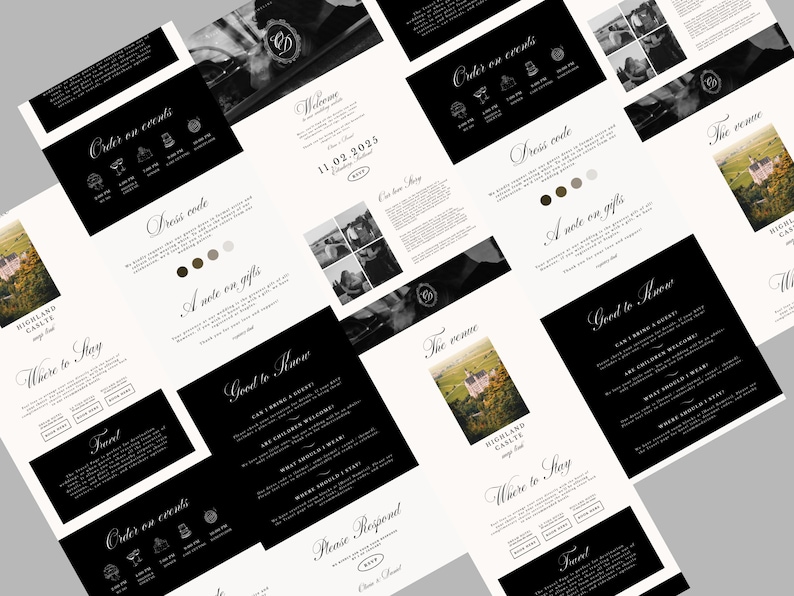 May include: A collection of wedding invitation cards with a black and white color scheme. The cards feature elegant typography and include sections for event details, dress code, gifts, and venue information. The date 11.02.2023 is visible.