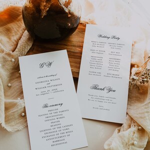 以下が含まれることがあります： ジョージナ・ウィルソンとウィリアム・パターソンの結婚式プログラム。日付は2020年6月20日、場所はロサンゼルス、カリフォルニア州。プログラムには、前奏曲、両親の着席、入場、開会の言葉、祈り、朗読、キャンドルの点灯、誓いの交換、指輪の交換、結婚の発表、退場など、式典の順番が記載されています。