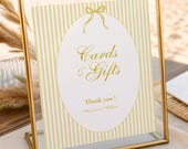 Modèle de carte et de pancarte cadeau jaune beurre, rayures aquarelles élégantes, pancarte de table de mariage imprimable, modifiable | MILO