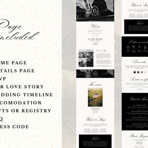 May include: A digital wedding invitation design with a minimalist aesthetic. The design includes various pages with headings such as "Home Page", "Details Page", "RSVP", and "Wedding Timeline". The color scheme is primarily black and white.