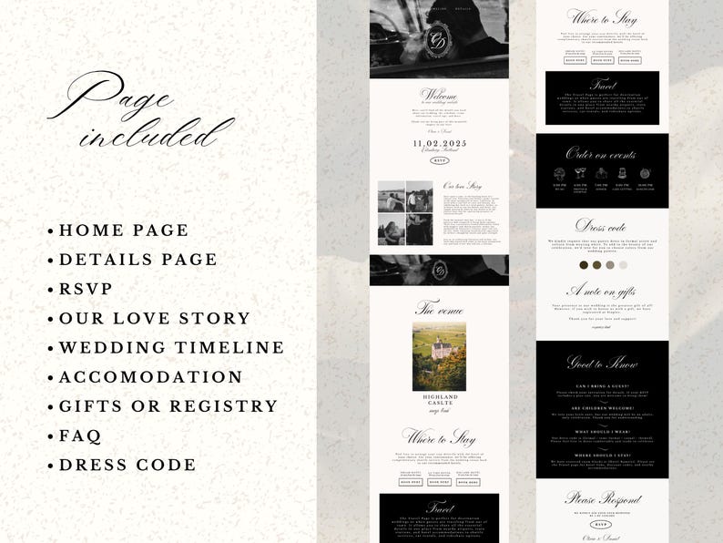 May include: A digital wedding invitation design with a minimalist aesthetic. The design includes various pages with headings such as "Home Page", "Details Page", "RSVP", and "Wedding Timeline". The color scheme is primarily black and white.