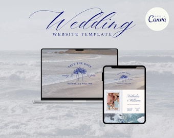 May include: A wedding website template displayed on a laptop and a tablet. The design features a beach scene with palm trees and the text "Save the Date" in blue. The template includes the names "Nathalia & William".