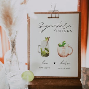 Signature Cocktail Sign Template, Signature Drinks Sign, Minimalist Wedding Bar Menu Sign, Wedding Drinks menu, Editable Template | ALMA