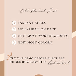 May include: A pink and brown graphic with the text "HOW IT WORKS" and "Edit. Download. Print."  The graphic lists the following features: "INSTANT ACCESS", "NO EXPIRATION DATE", "EDIT MOST WORDING/FONTS", and "EDIT MOST COLORS". The graphic also includes the text "TRY THE DEMO BEFORE PURCHASE TO SEE HOW EASY IT IS Link in bio!" and a logo with the letter "m" and the word "Illustrations".