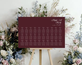 Plano de mesas para boda en color burdeos moderno, póster digital imprimible, elegante cartel de recepción, papelería chic para boda de otoño | MILLIE