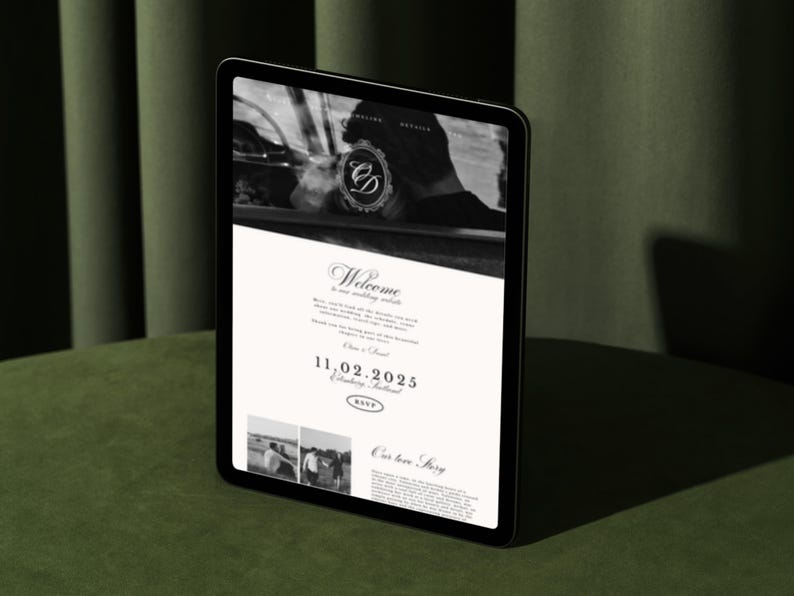 May include: A digital tablet displays a wedding website with a welcome message, date, and RSVP information. The website features a black and white color scheme with elegant typography and a monogram. The tablet is on a green surface.