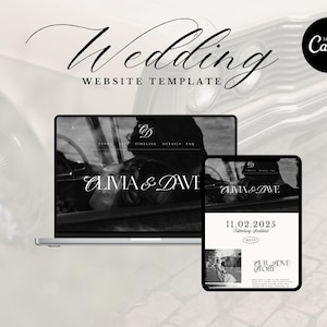 Könnte beinhalten: Ein Hochzeitswebsite-Template, dargestellt auf einem Laptop und Tablet. Das Design zeigt die Namen "Olivia & Dave" in eleganter Schrift, das Datum "11.02.2025" und den Text "Wedding WEBSITE TEMPLATE". Das Canva-Logo ist sichtbar.