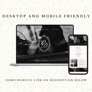 May include: A laptop and smartphone display a website design in grayscale. The laptop shows the full website, while the phone displays a mobile-friendly version. Text at the top reads "Desktop and Mobile Friendly". The website features a logo with the letters "CD".