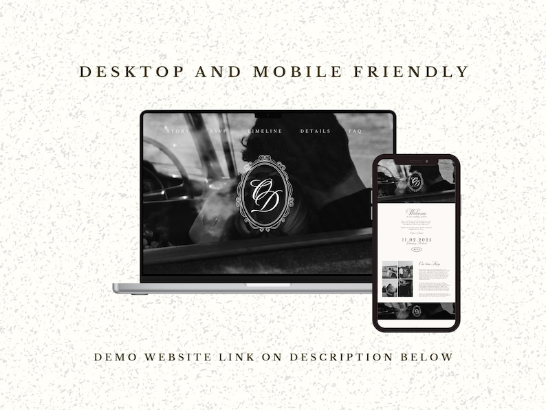 May include: A laptop and smartphone display a website design in grayscale. The laptop shows the full website, while the phone displays a mobile-friendly version. Text at the top reads "Desktop and Mobile Friendly". The website features a logo with the letters "CD".