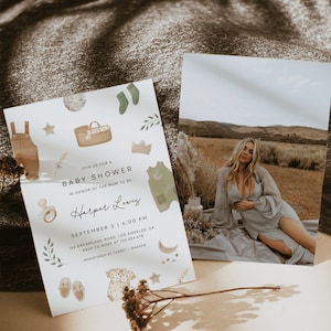 Gender Neutral Baby Shower Invitation Template with Photo, Boho Baby Shower Invitation, Baby Clothes Shower Invite, bohemian reveal | ALBI