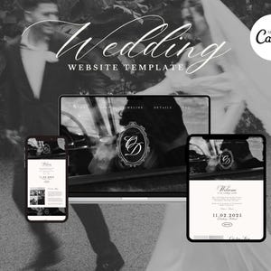 May include: Black and white image showcasing a wedding website template displayed on a laptop, tablet, and smartphone. The design features a monogram and the text "Wedding WEBSITE TEMPLATE". The image includes a blurred background of a couple.