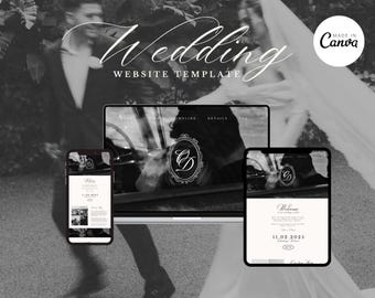 Site Web de Mariage Old Money, Modèle Canva Élégant Noir & Blanc, Site de Mariage Classique, Page RSVP, Monogramme de Luxe