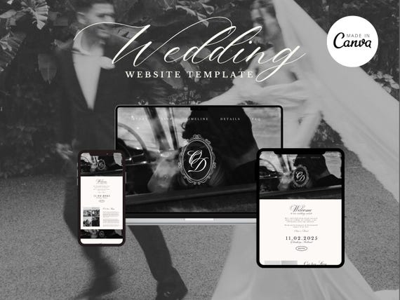 Site Web de Mariage Old Money, Modèle Canva Élégant Noir & Blanc, Site de Mariage Classique, Page RSVP, Monogramme de Luxe