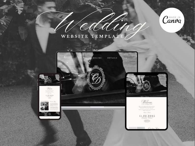 May include: Black and white image showcasing a wedding website template displayed on a laptop, tablet, and smartphone. The design features a monogram and the text "Wedding WEBSITE TEMPLATE". The image includes a blurred background of a couple.