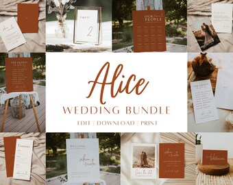 May include: A wedding bundle with a rustic theme. The bundle includes a welcome sign, table numbers, a seating chart, a save the date card, and other wedding stationery. The design features a brown and white color scheme with a handwritten font.