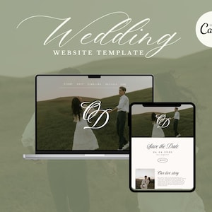 Peut inclure: Maquette de site web de mariage affichée sur un ordinateur portable et un smartphone. Le site web présente un couple dans un champ, avec le texte "Wedding Website Template" et "Made in Canva". Le smartphone affiche une carte "Save the Date".