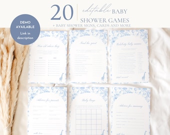 Könnte beinhalten: Babyparty-Spielkarten mit blauem und weißem Blumendesign. Die Karten enthalten Spiele wie "Wie alt waren sie" und "Finde den Gast". Der Text "20 bearbeitbare BABY SHOWER GAMES" steht oben.
