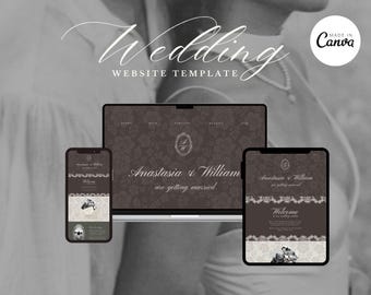 Website für Hochzeiten im Stil der alten Schule, bearbeitbare Canva-Vorlage, luxuriöse, bearbeitbare Canva-Vorlage, einseitige Hochzeitswebsite