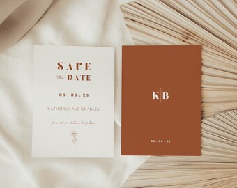 オレンジ色のテラコッタの日付を保存、日付の結婚式の保存、日付のテンプレートを保存、ミニマリストの結婚式、テラコッタの結婚式、ボヘミアン、IVA