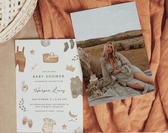 Gender Neutral Baby Shower Invitation Template with Photo, Boho Baby Shower Invitation, Baby Clothes Shower Invite, bohemian reveal | ALBI