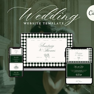 Puede incluir: Una plantilla de sitio web de bodas que se muestra en una computadora portátil, tableta y teléfono inteligente. El diseño presenta una combinación de colores verde y blanco con un borde a cuadros. El sitio web muestra los nombres "Anastasia & Thomas" y el texto "Wedding Website Template".