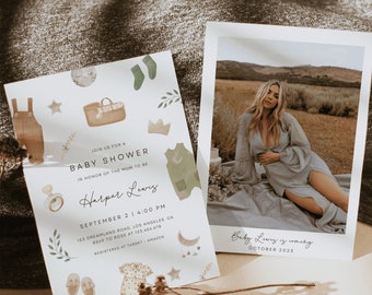 Gender Neutral Baby Shower Invitation Template with Photo, Boho Baby Shower Invitation, Baby Clothes Shower Invite, bohemian reveal | ALBI