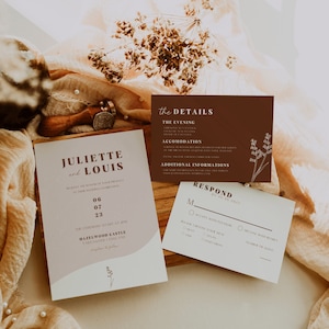 Faire part de mariage retro, Invitation mariage retro, Invitation mariage beige, Invitation mariage marron foncé, carte RSVP détails, RETROM