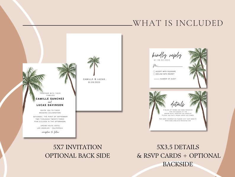 May include: A tropical wedding invitation suite with palm trees and the text "Camille Sanchez and Lucas Davison" and "Camille & Lucas 01.09.2023". The invitation is 5x7 inches and includes an optional back side. The RSVP and details cards are 5x3.5 inches and include an optional back side.