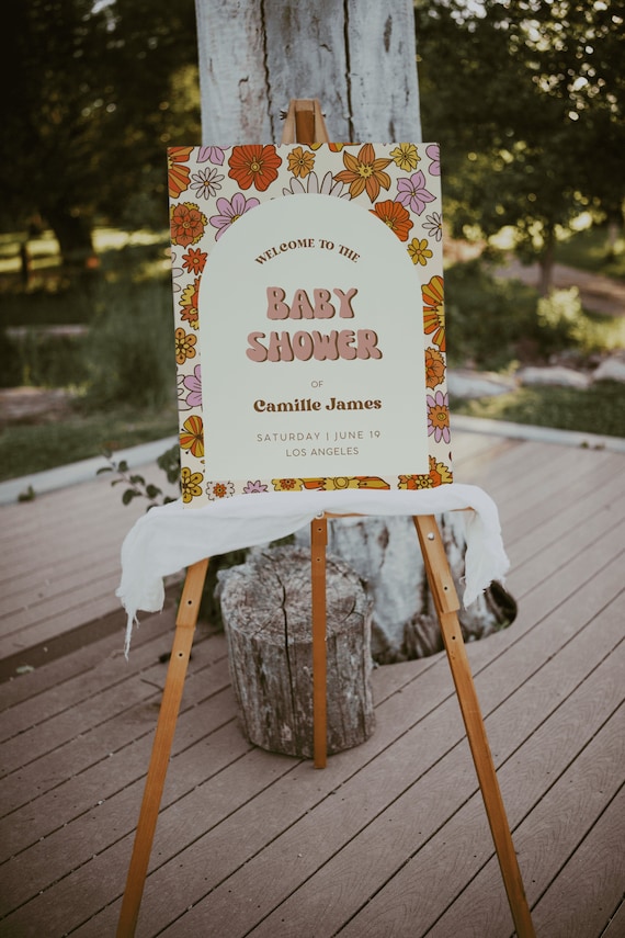 Signe de bienvenue pour Baby Shower rétro, modèle Baby shower Groovy Baby, modèle de signe de bienvenue, Baby shower rétro | VIC