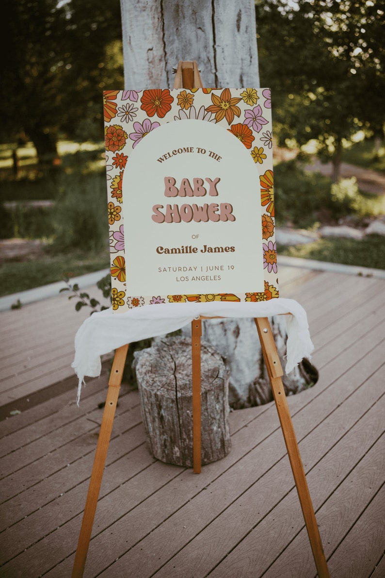 Retro Baby Shower Welcome Sign, Groovy Baby Baby Shower Template, Welcome Sign Template, Retro Baby Shower, Welcome Poster | VIC image 1