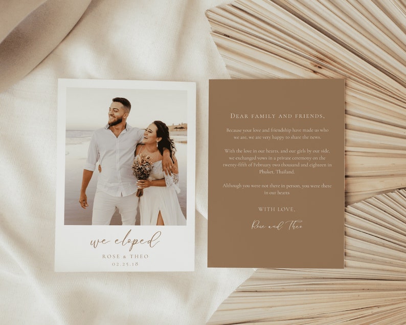 Boho Beige Elopement Announcement Template, We Eloped Card, Wedding announcement card, Minimalist Elopement Card with Photo EMY image 1