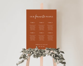May include: A rust-colored seating chart with white text. The chart is titled "Our favorite people" and lists the names of guests assigned to each table. The bottom of the chart reads "Amelia & Lucas 07.23.22".