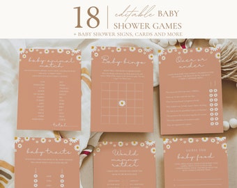May include: A set of 18 printable baby shower games with a daisy theme. The games include "Baby Animal Match", "Baby Bingo", "Over or Under", "Baby Traits", "Would Mommy Rather", and "Guess the Baby Food".
