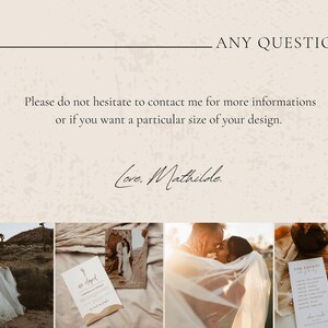 May include: Cream-colored background with the text "ANY QUESTIONS?" and a message encouraging contact for more information or custom sizes. The signature "Love, Mathilde" is also present. The image includes wedding-related photos.