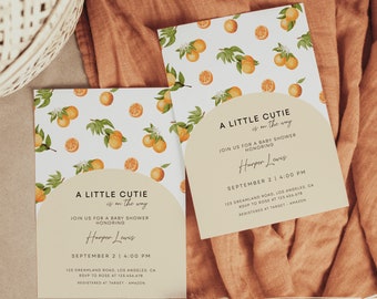 May include: Two baby shower invitations with a citrus theme. The invitations are white with a yellow and orange citrus pattern. The text on the invitations reads "A Little Cutie is on the way" and includes the name "Harper Lewis", the date "September 2", the time "4:00 PM", the address "123 Dreamland Road, Los Angeles, CA", the RSVP number "123.456.678", and the registry information "Registered at Target, Amazon".